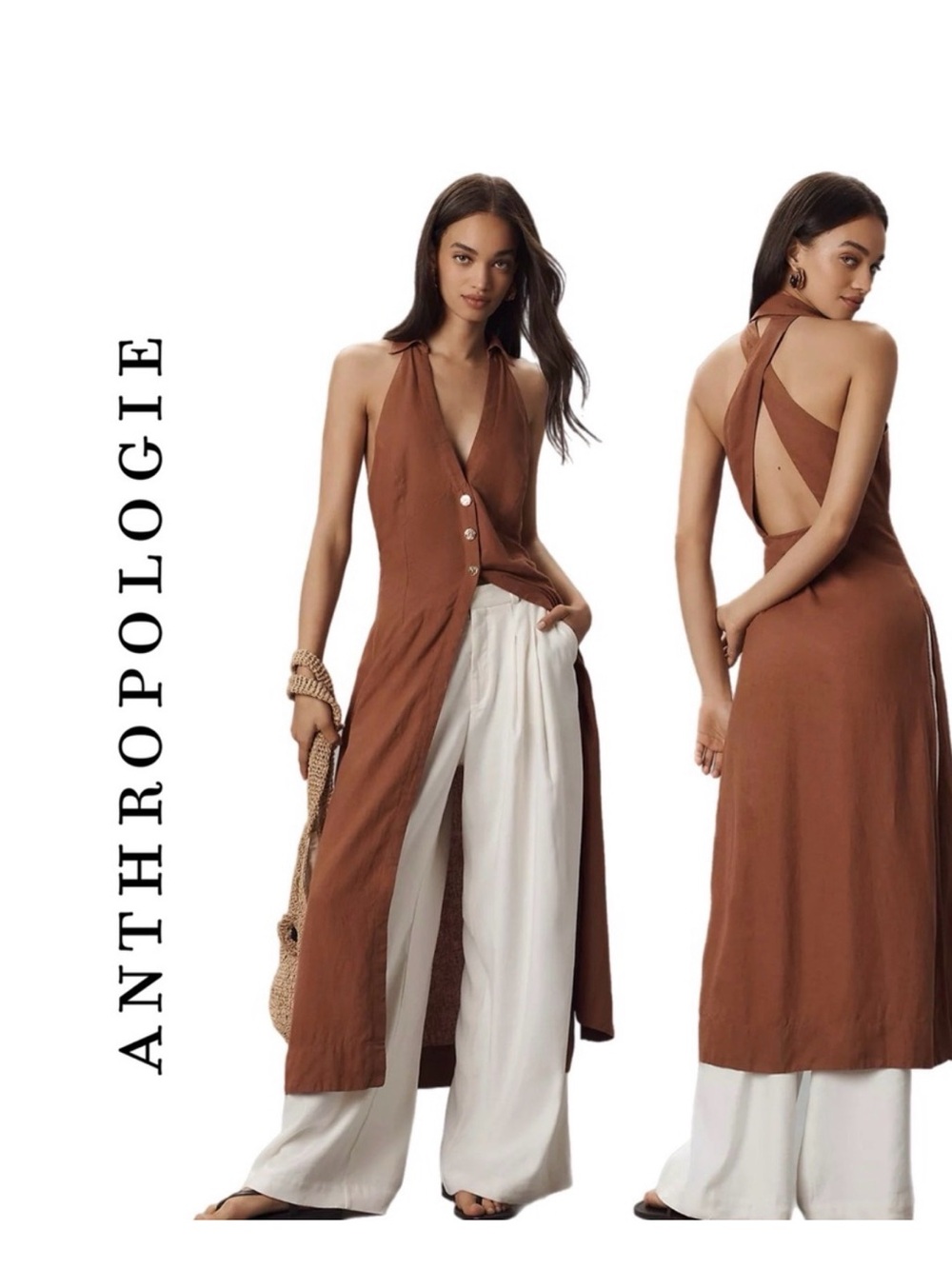 Anthropologie Halter Longline Tunic Vest Brown Open Back Button Front Duster